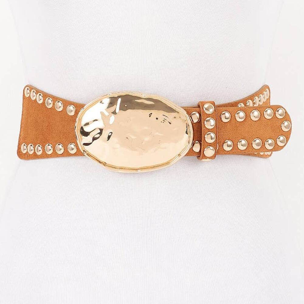Studded Faux Suede Elastic Belt – Camel